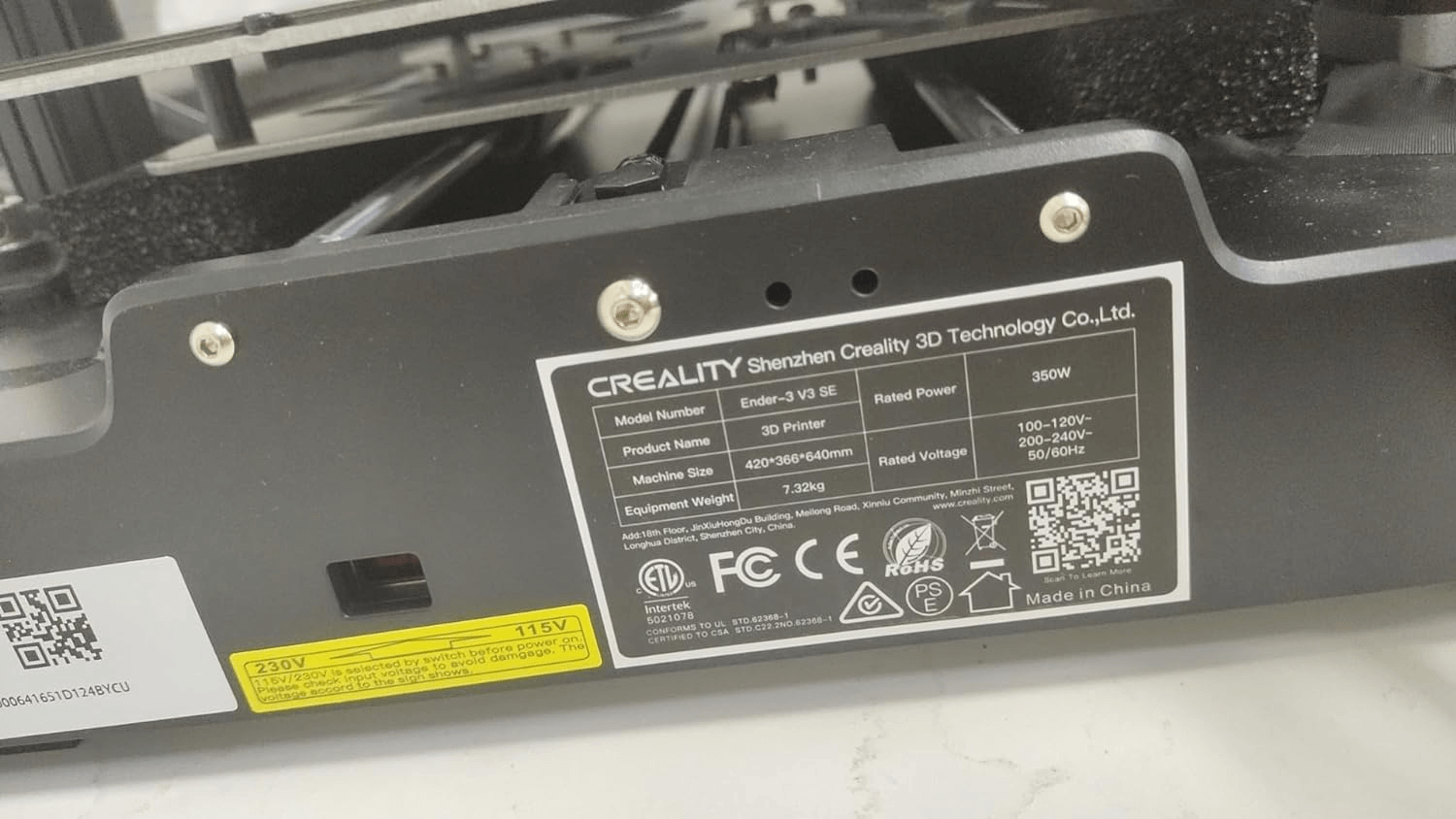 Creality Ender 3 V3 SE 3D Printer label